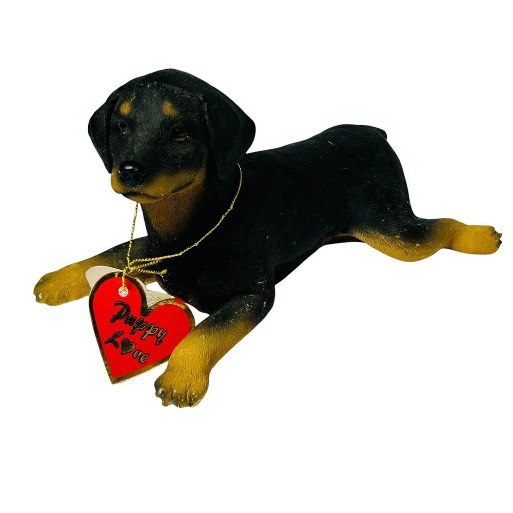 Black Doberman Puppy Resin Figurine Uncropped Ears Vintage With Tag 5.5X3"